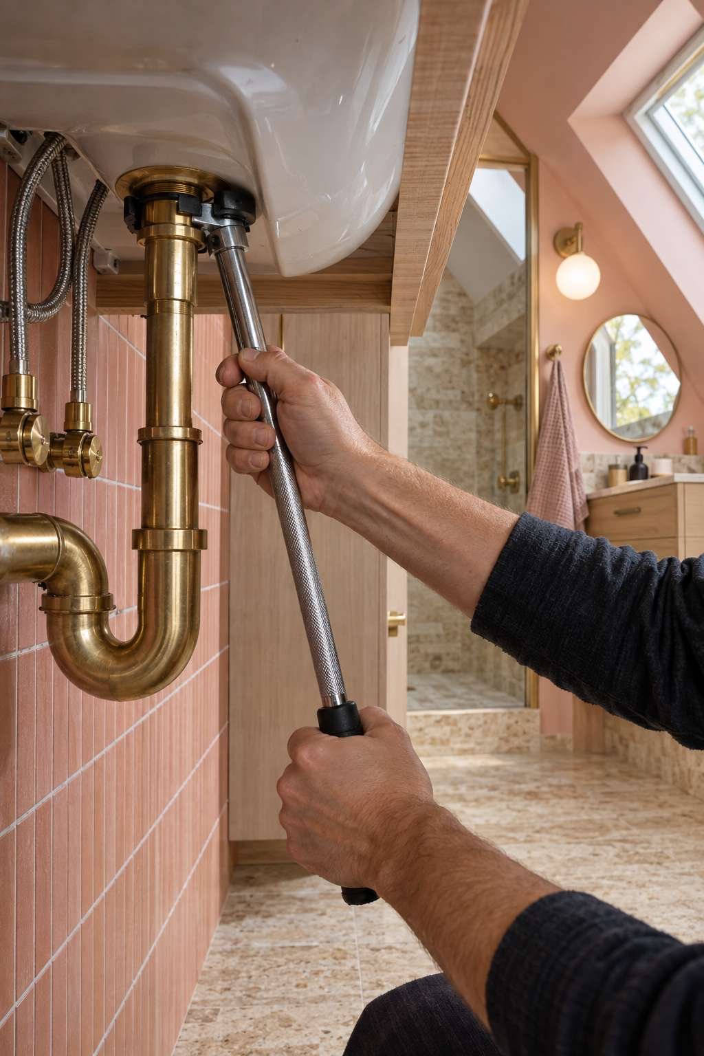 Using a basin wrench to remove an old bathroom faucet