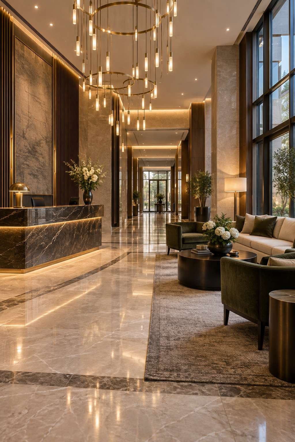 Upscale apartment building lobby showing added amenities that raise rent