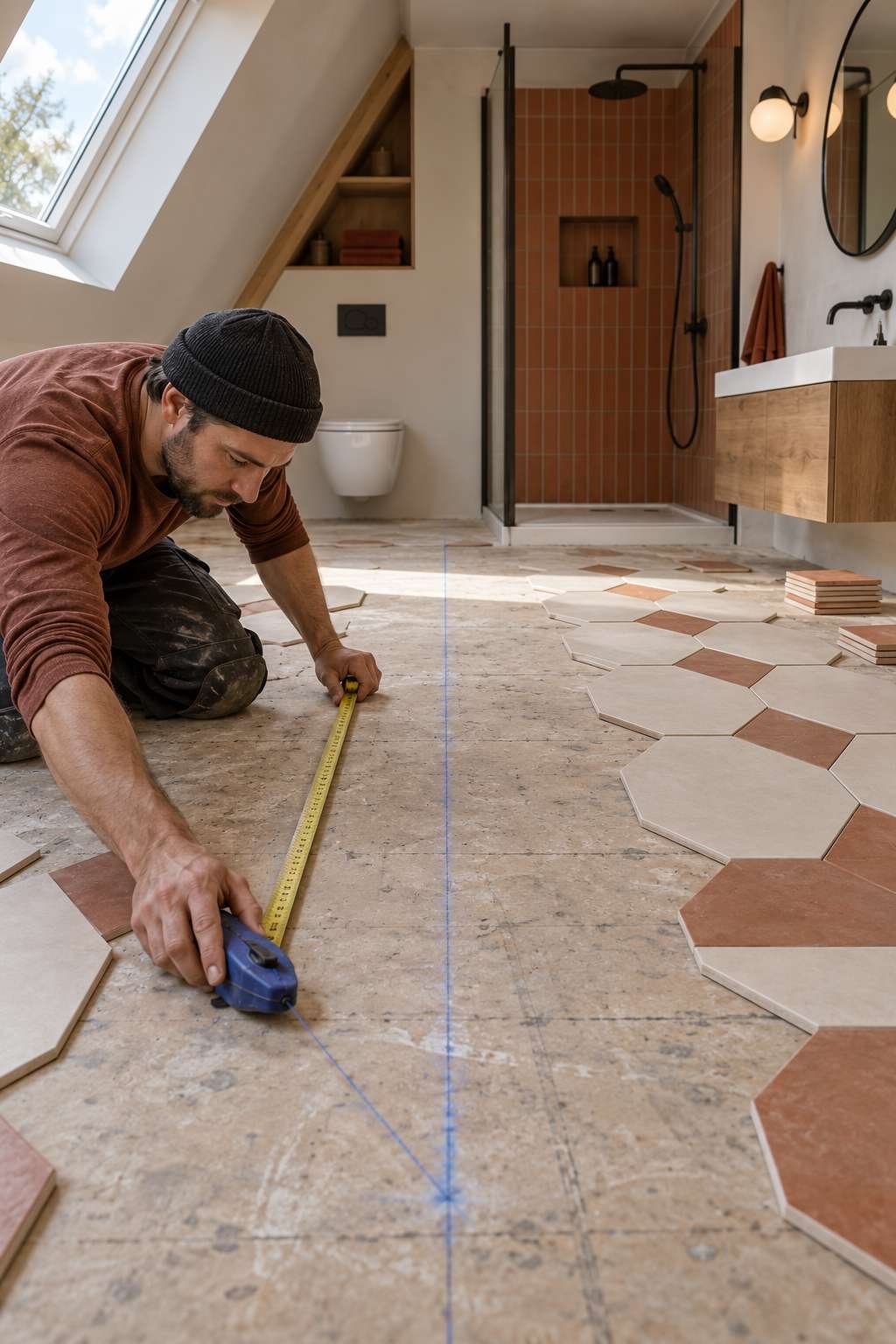 Marking a centerline on a bathroom subfloor before laying tile