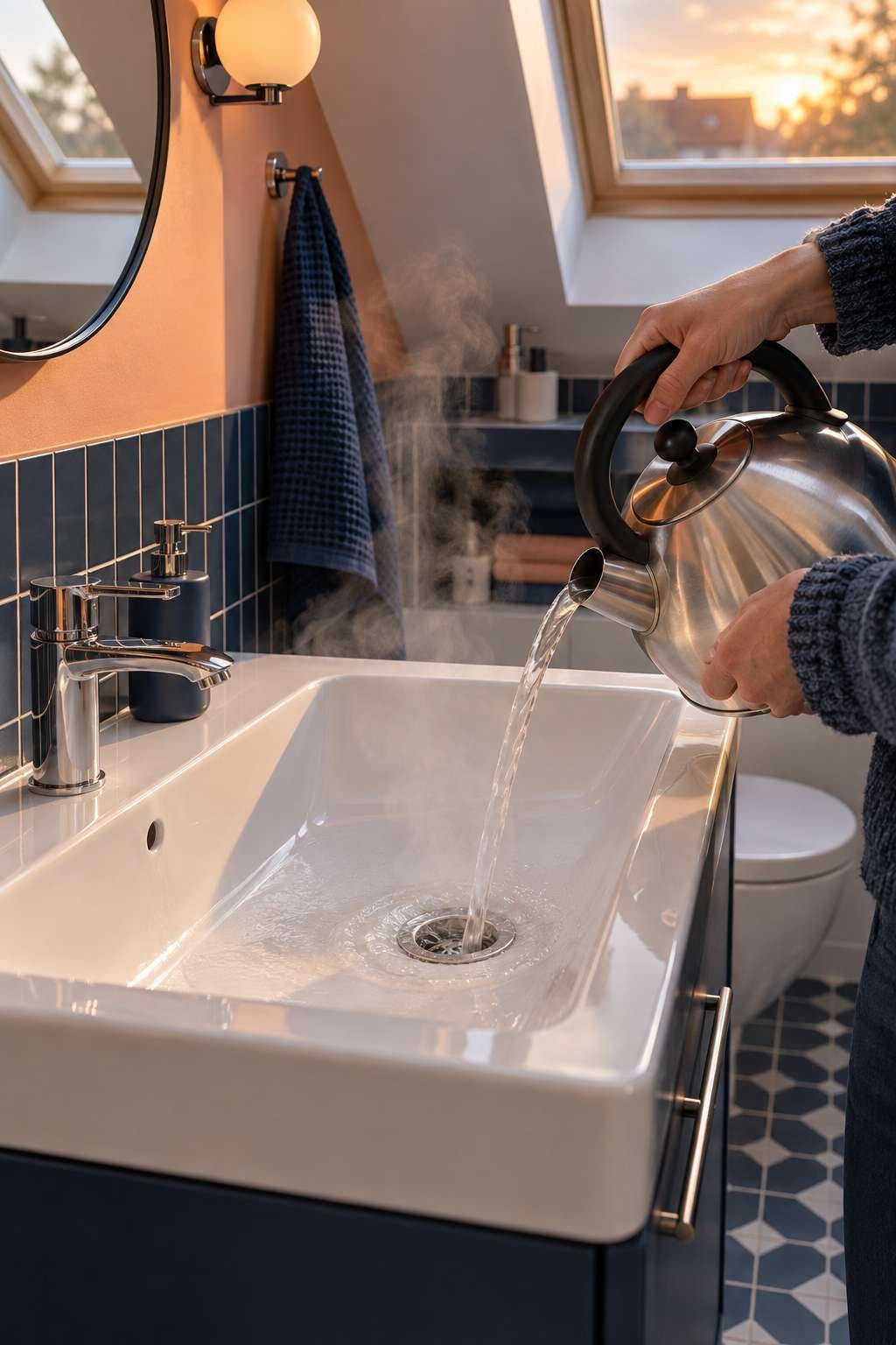 Pouring boiling water and dish soap down a bathroom sink drain