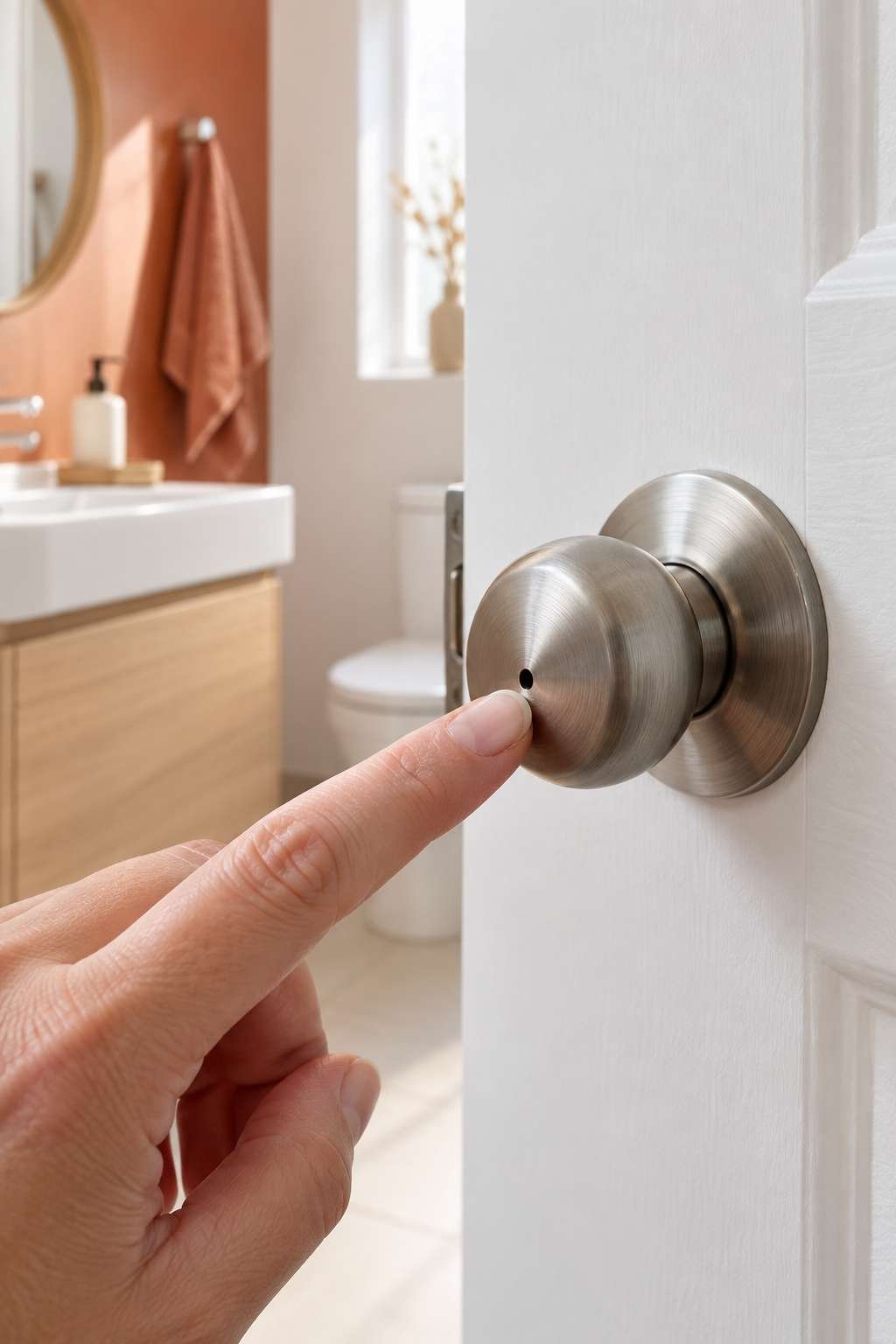 Close-up of the small pinhole release on a bathroom privacy doorknob