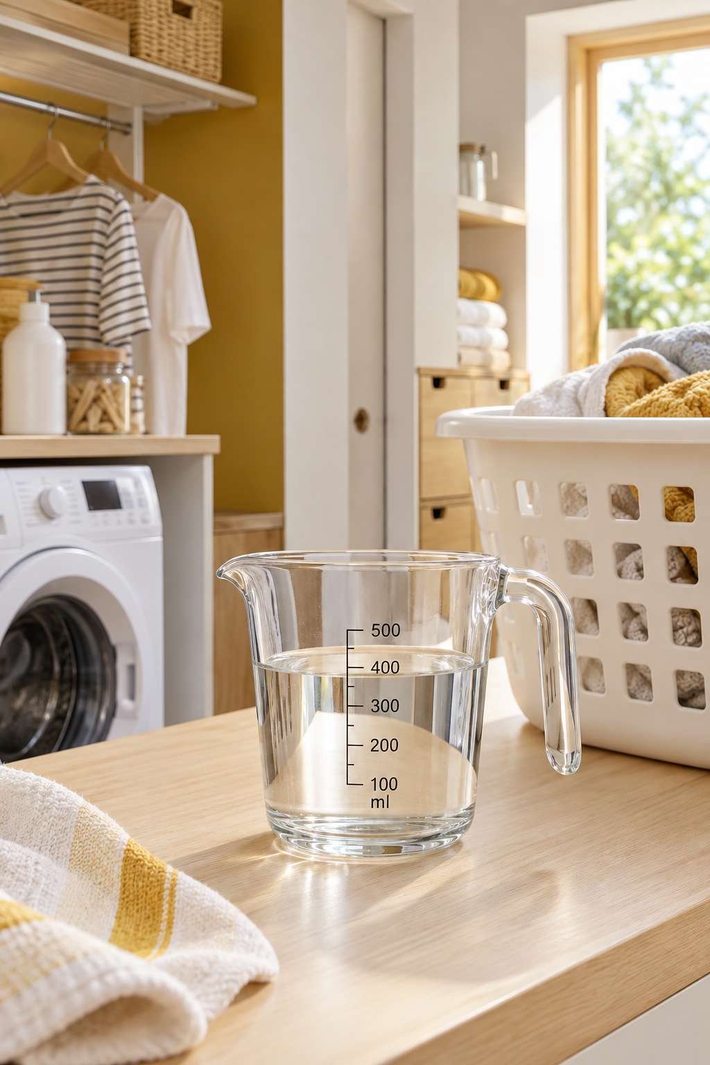 Measuring cup showing a precise amount of vinegar for a laundry load
