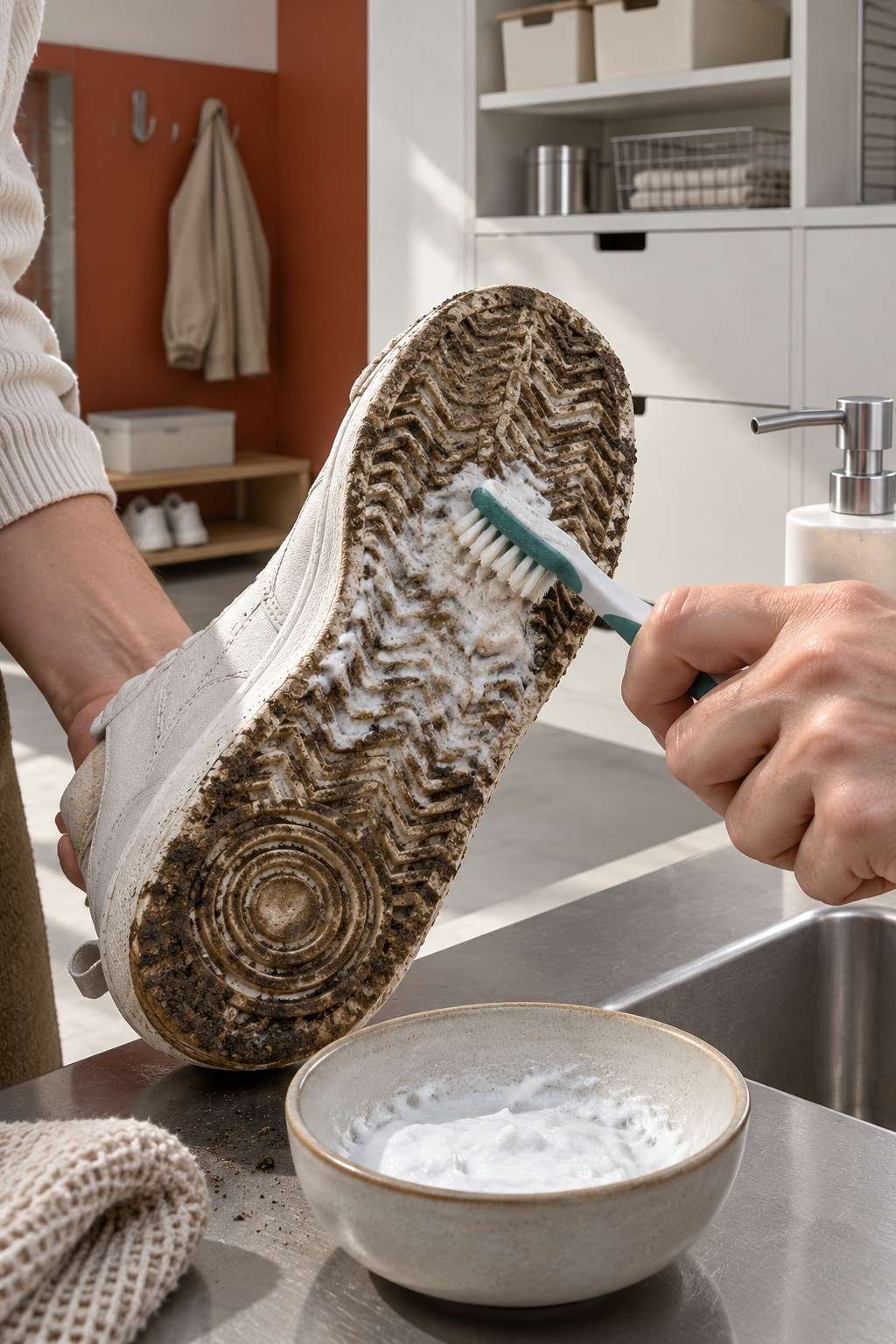 Scrubbing a mud stain on a sneaker with a toothbrush
