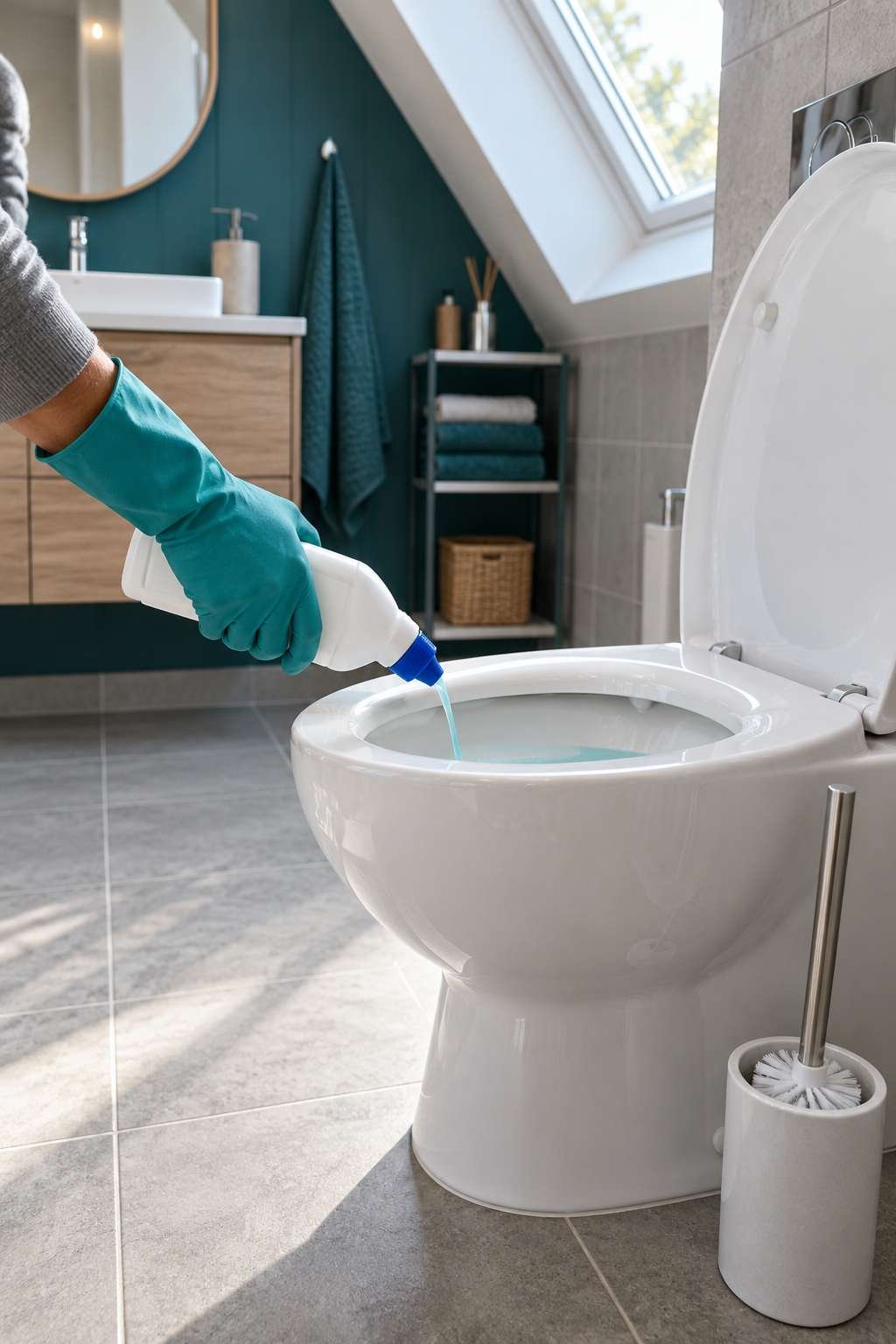 Gloved hand cleaning a toilet bowl with cleaner under the rim