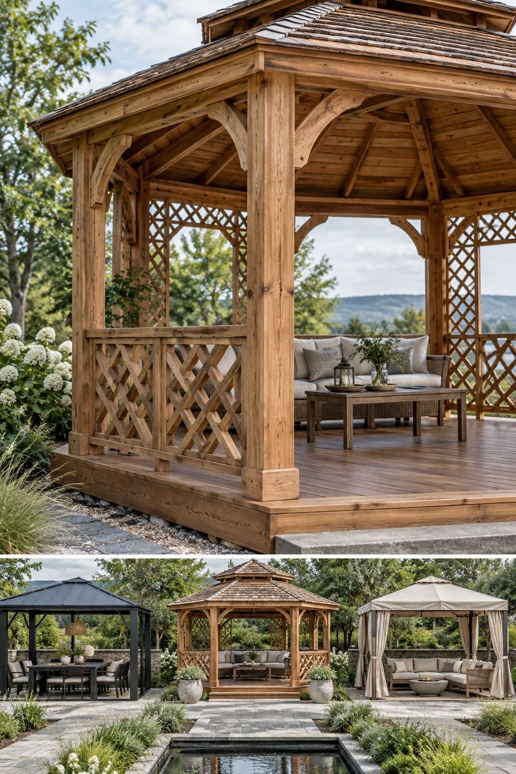 Close-up of gazebo structural features including posts, railings, and tiered roof