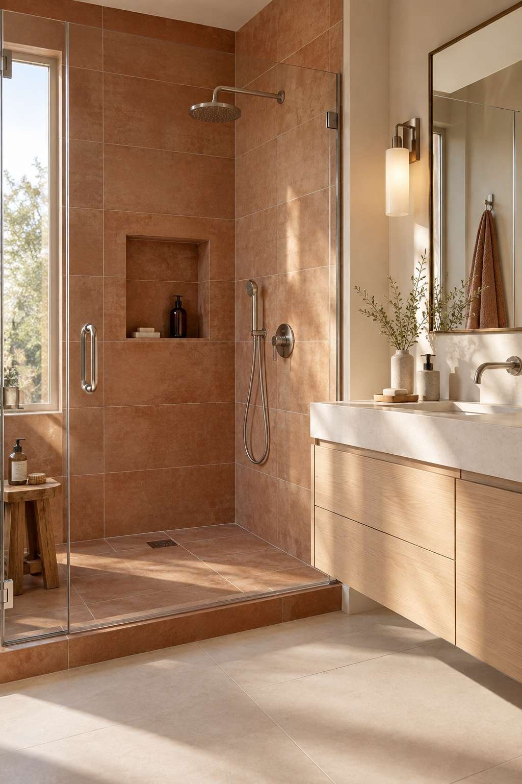 Walk-in shower stall with tile niche and vanity in a 3/4 bathroom