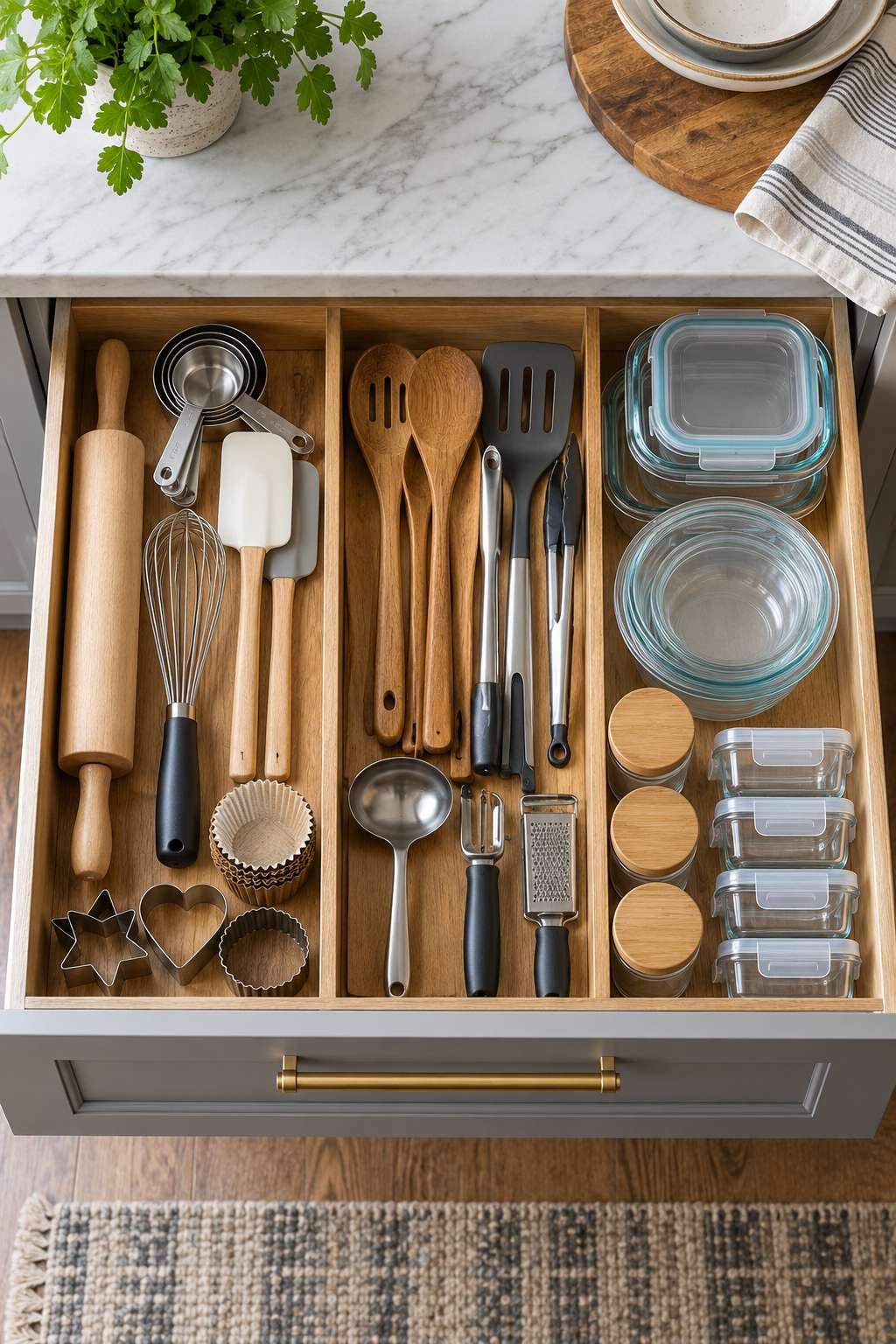 Overhead view of a kitchen drawer sorted into labeled categories for easy organization