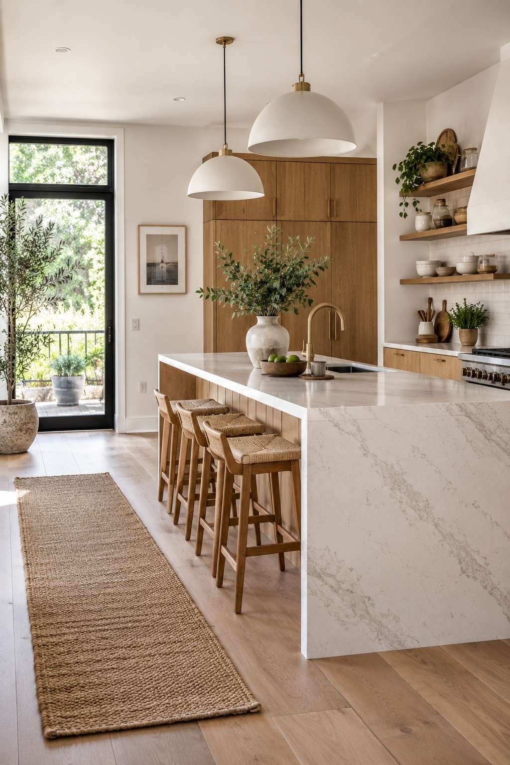 Close-up of white shaker kitchen cabinets with brass hardware