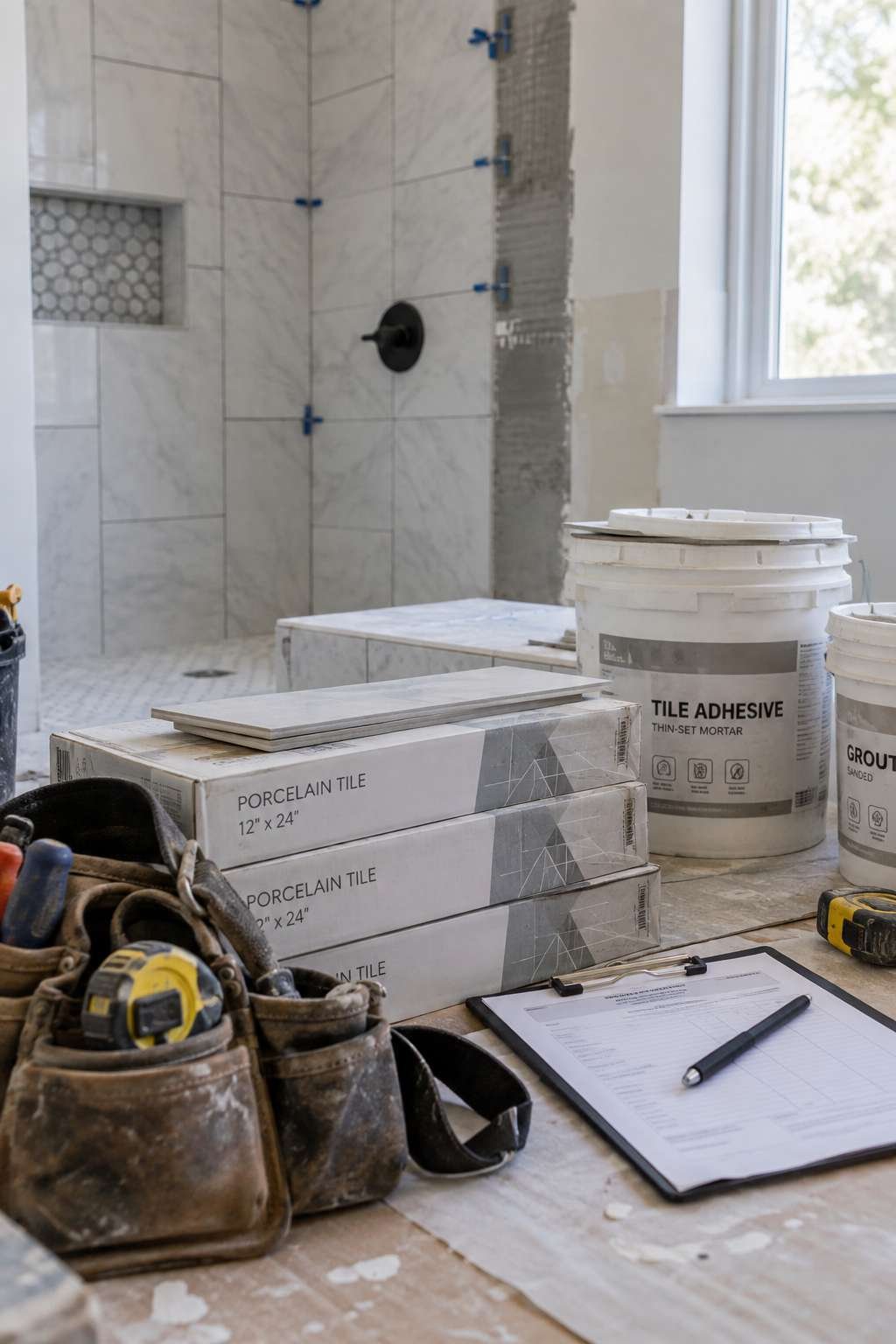 Tile materials and contractor tools illustrating bathroom labor and material costs