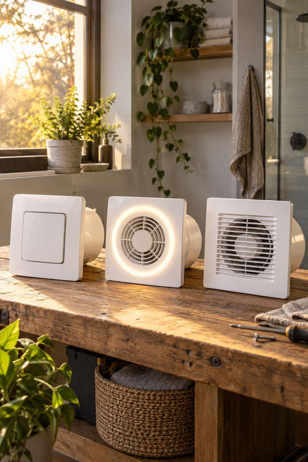 Comparing bathroom exhaust fan models including one with a built-in LED light