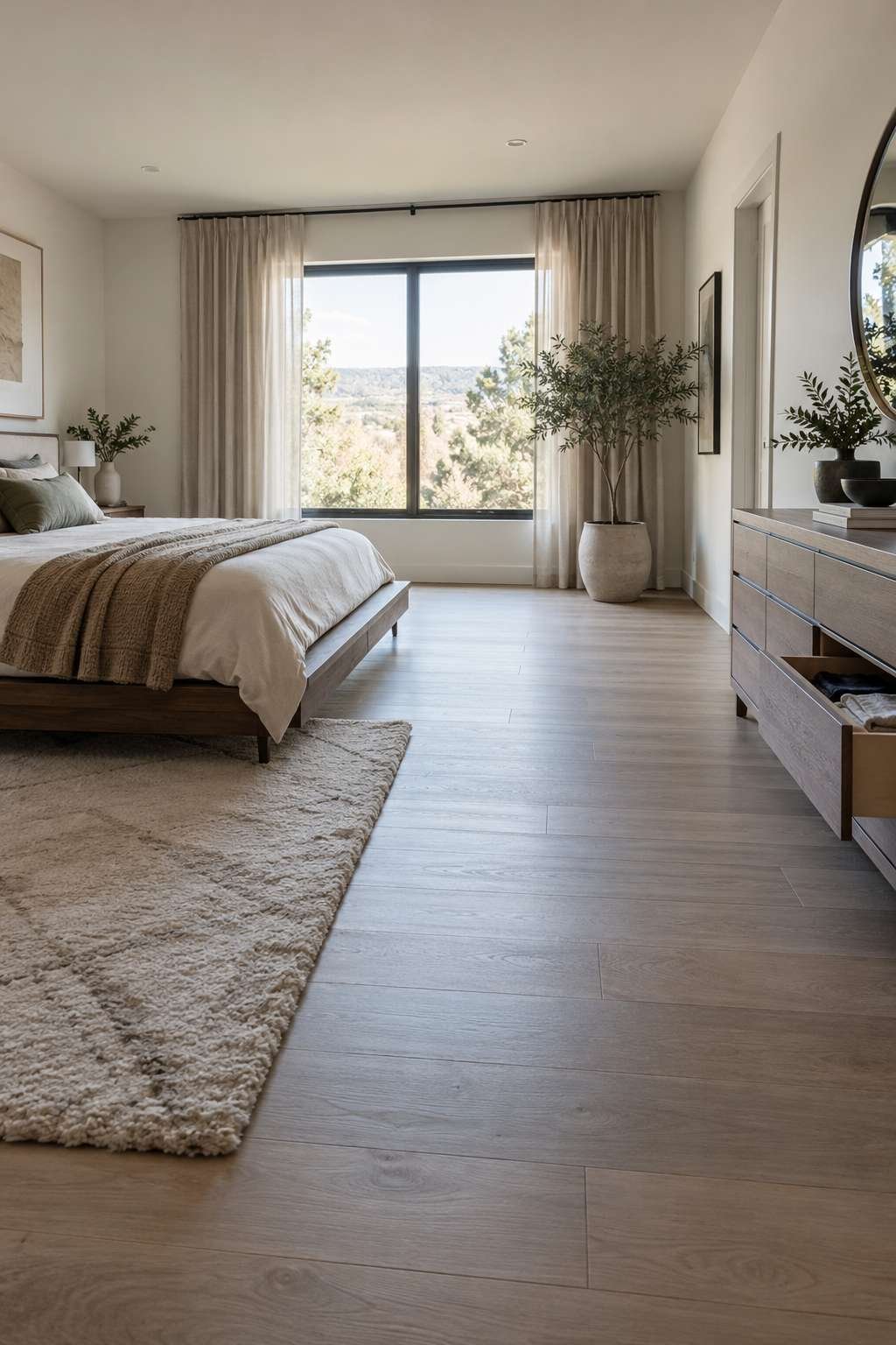 Bedroom layout showing clear walking space beside the bed and dresser