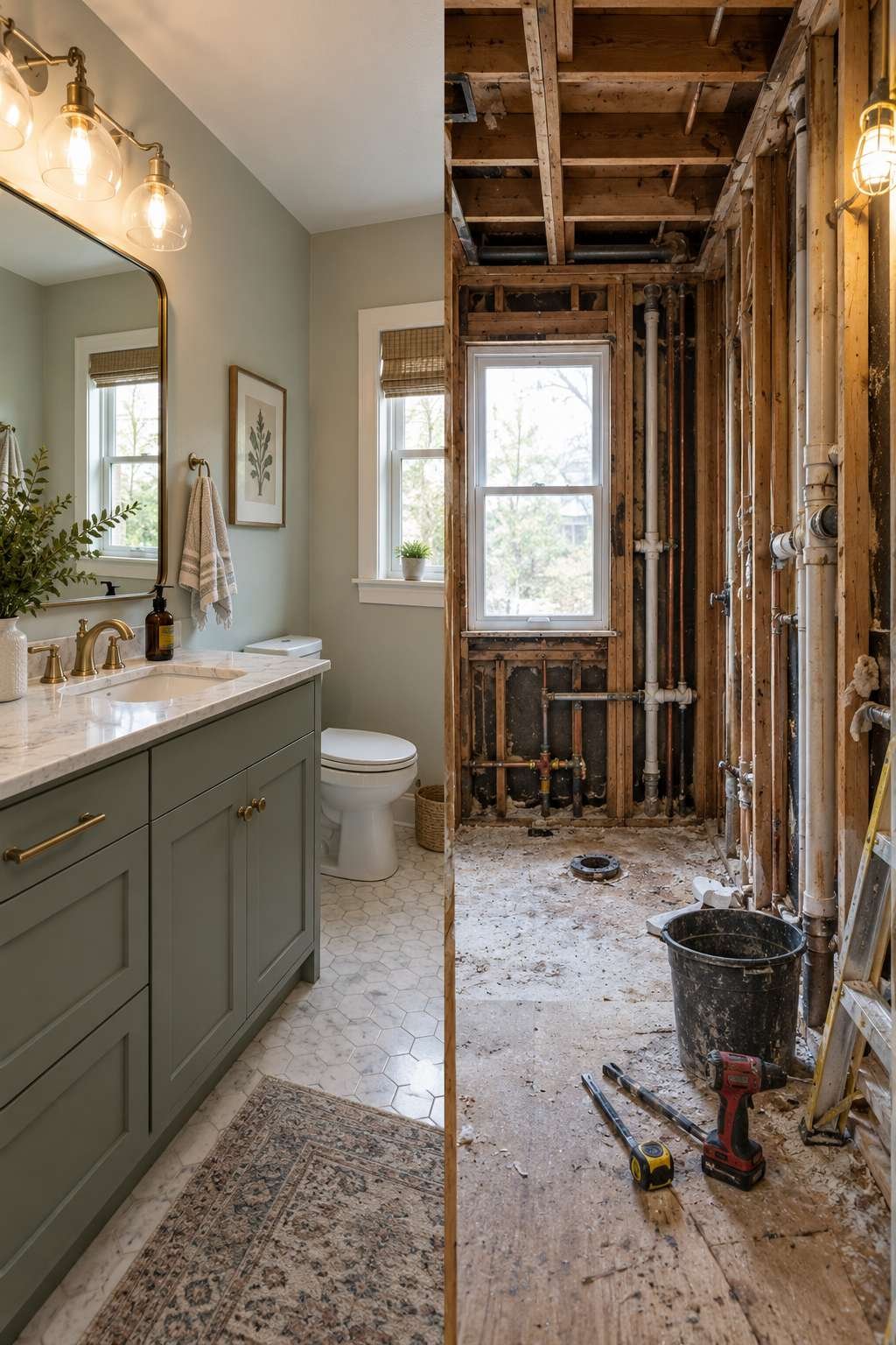Cosmetic bathroom refresh compared to a full gut renovation down to studs and exposed plumbing