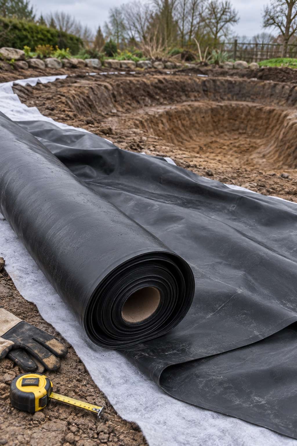 Black EPDM pond liner and underlayment beside a freshly dug excavation
