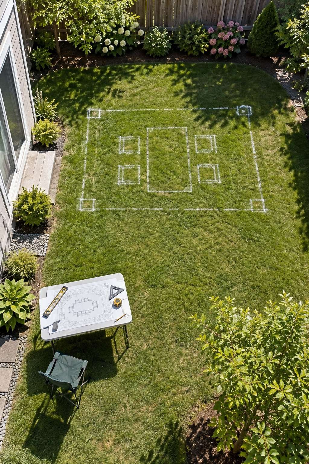 Overhead view of a chalk-outlined rectangular patio layout planned on a backyard lawn