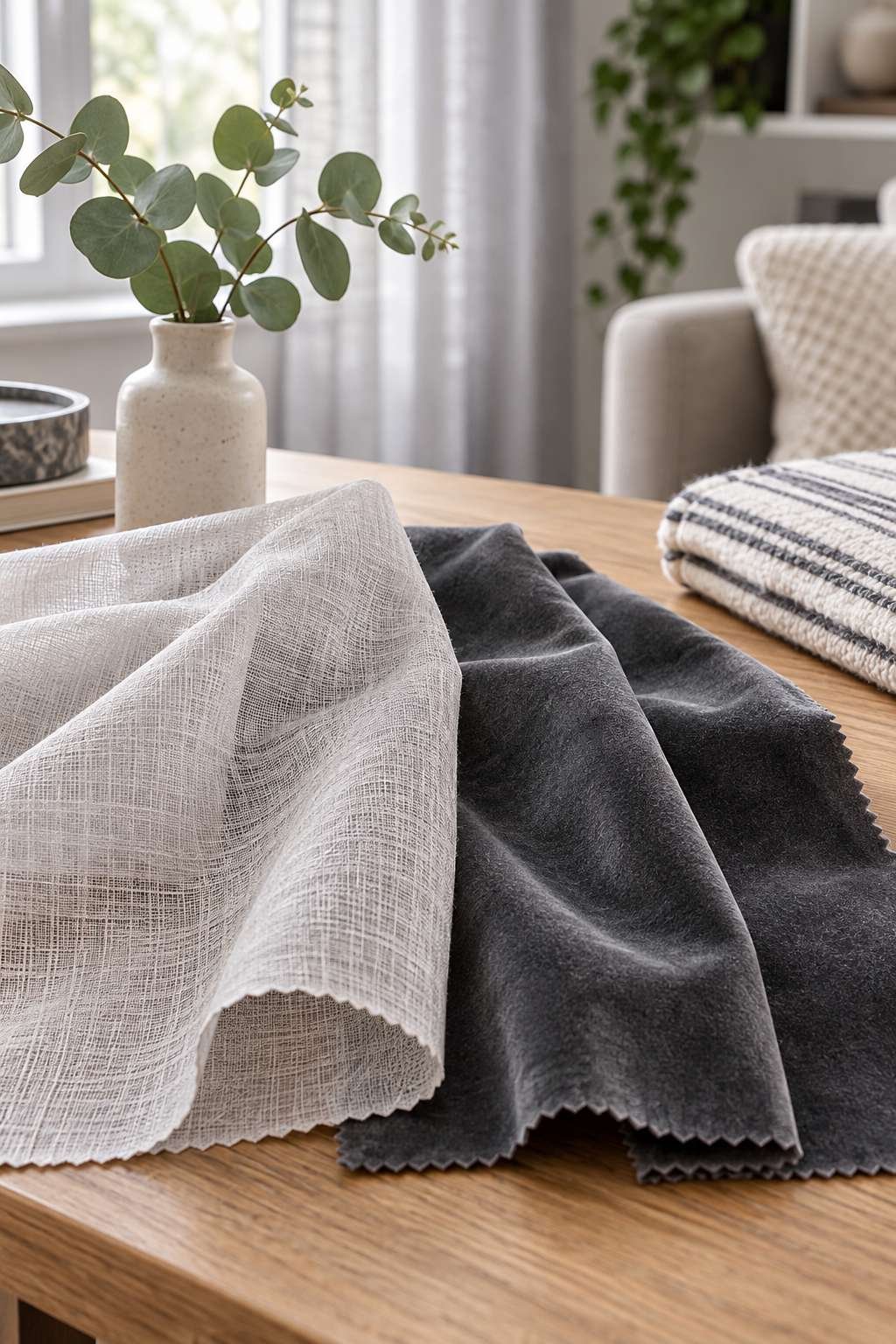 Linen and velvet curtain fabric swatches compared side by side