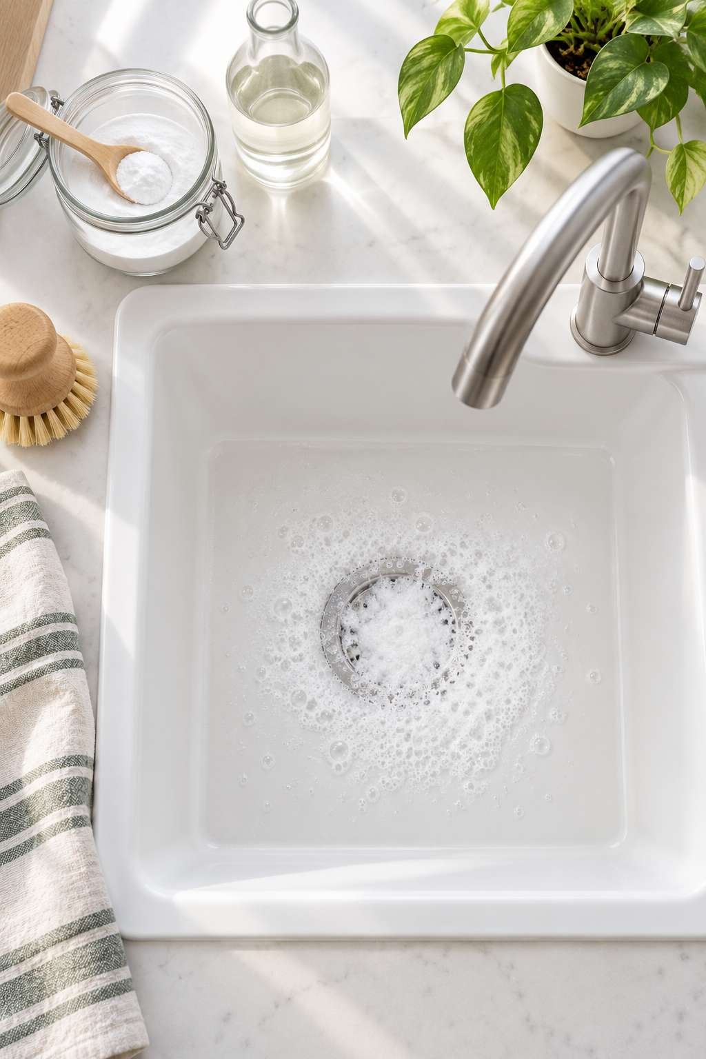 Baking soda and vinegar reaction inside a kitchen sink drain for clog removal