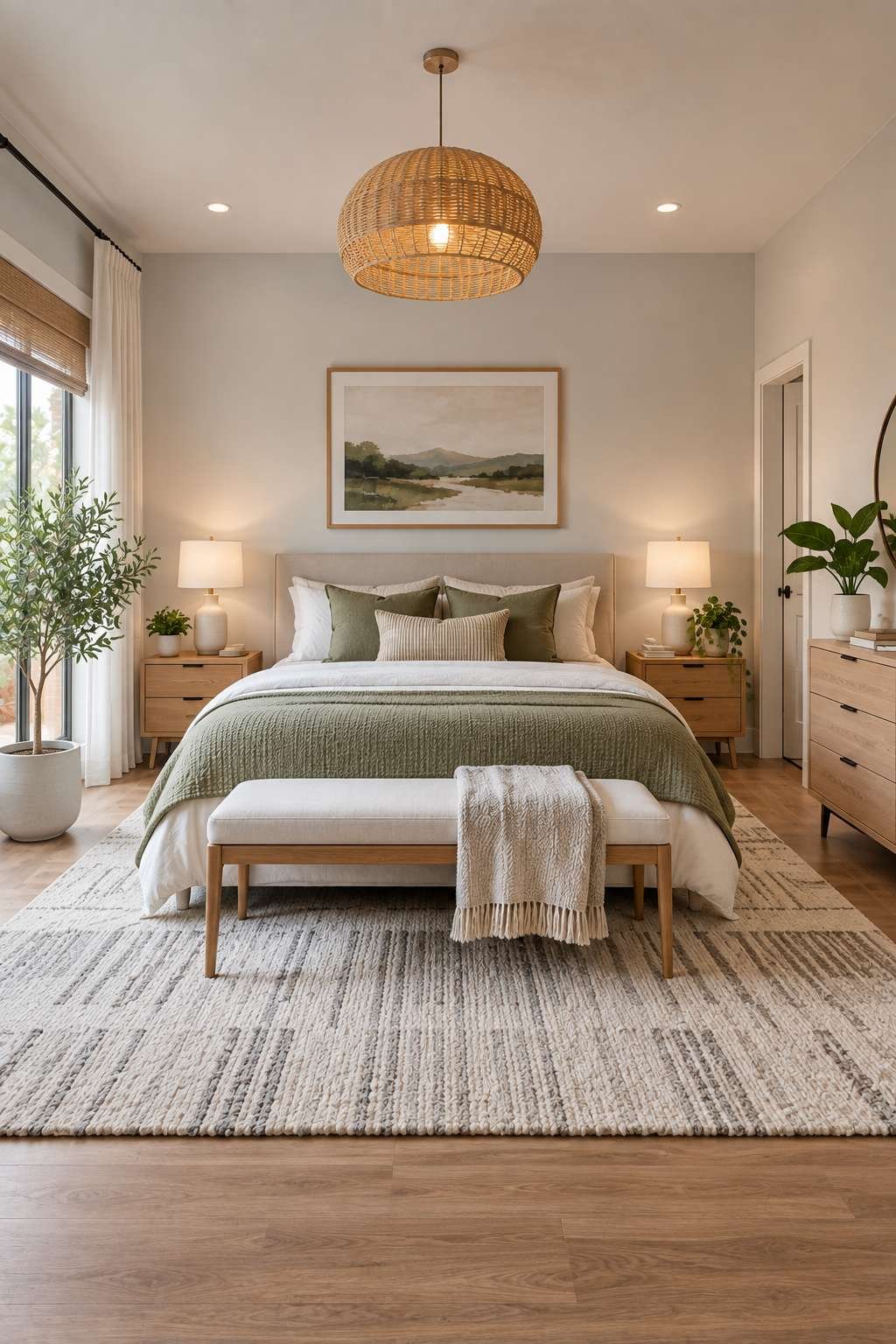 Symmetrical bedroom furniture layout with clear walking space