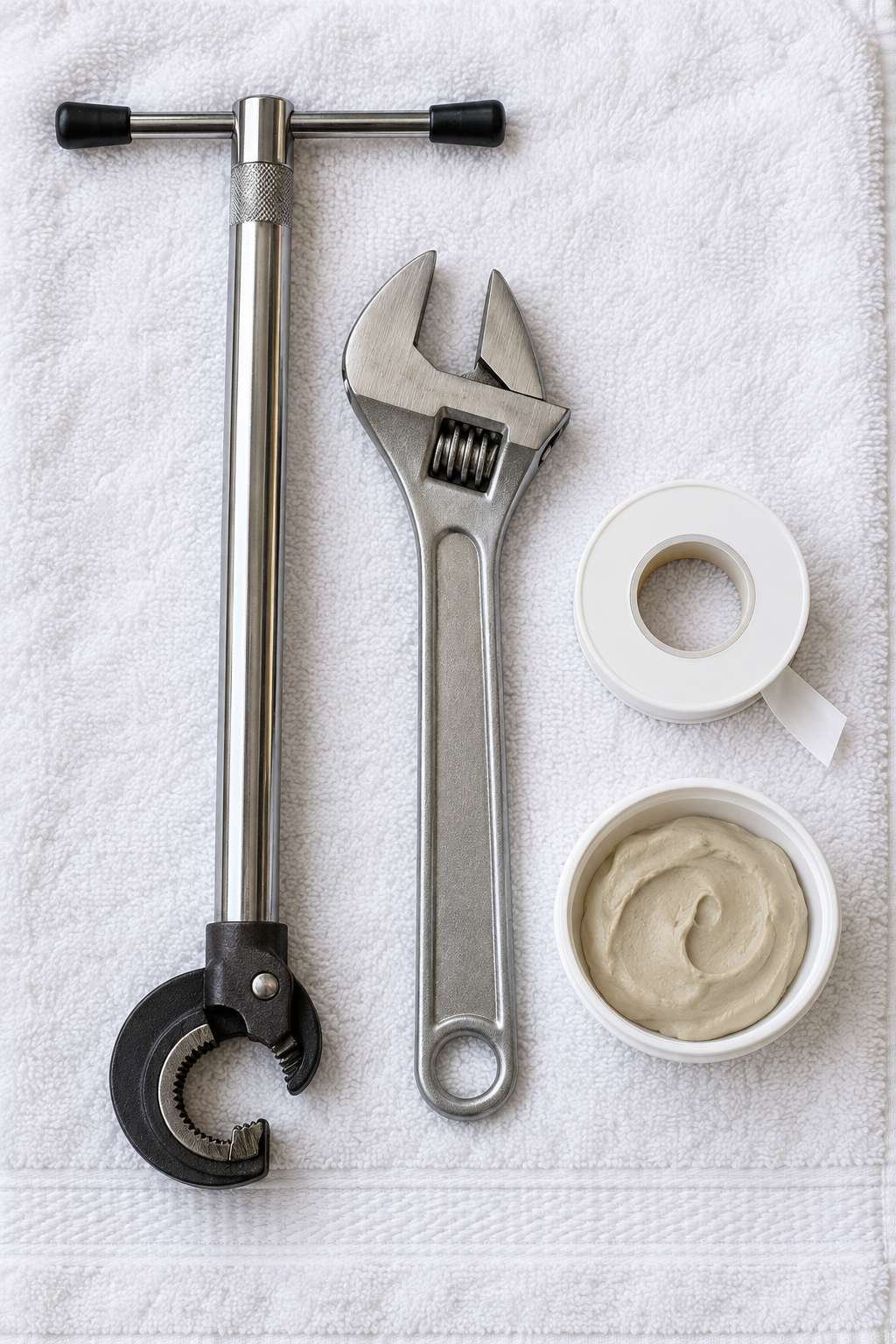 Tools laid out for changing a bathroom faucet