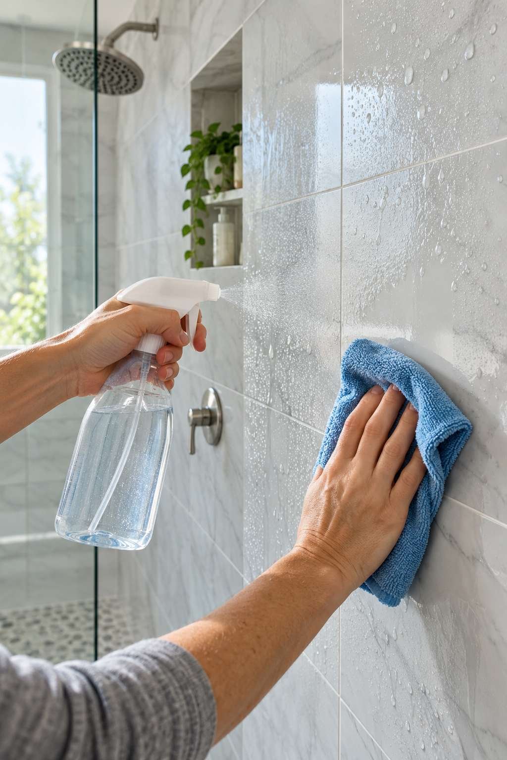 Wiping down shower wall tile with cleaning spray and cloth