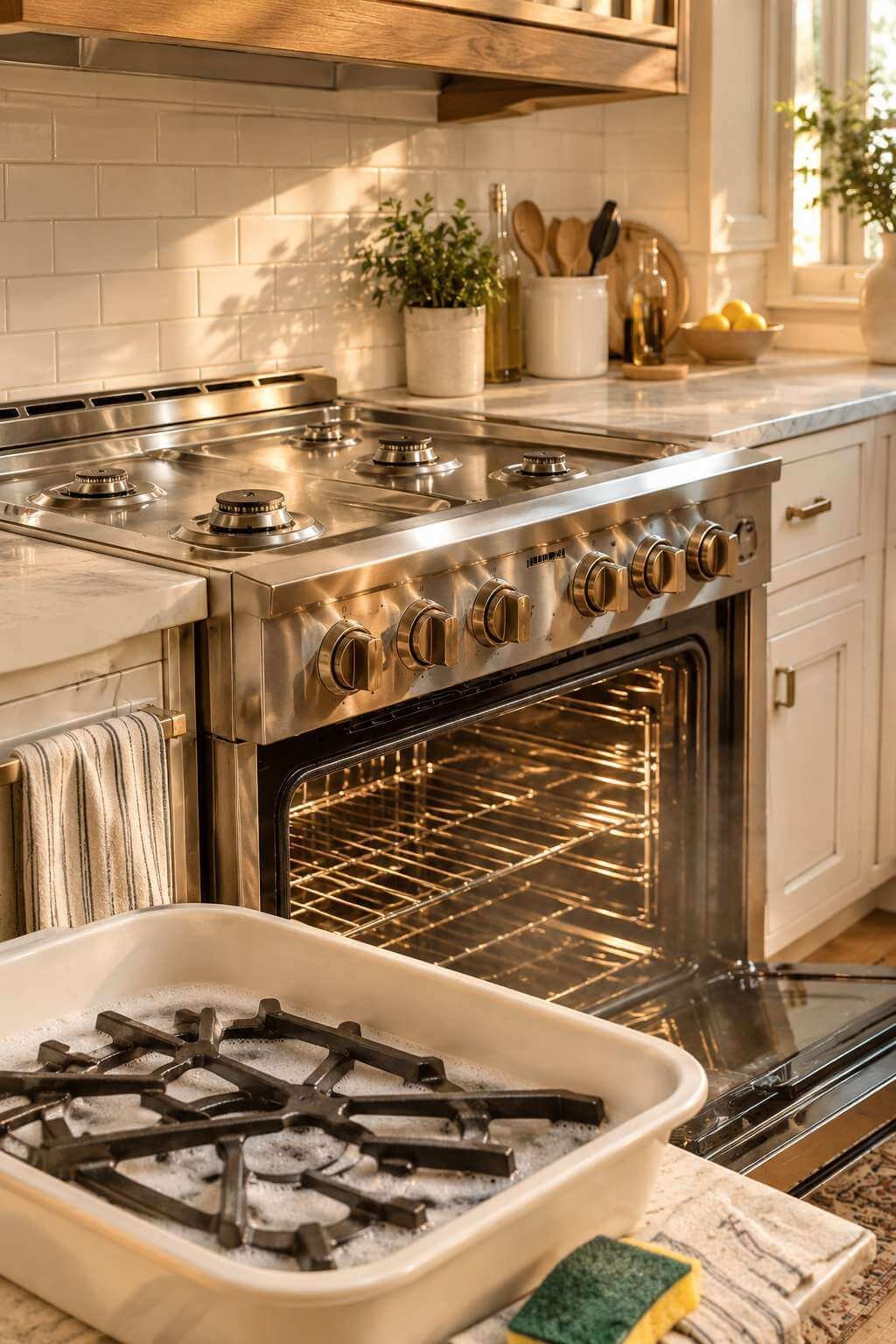 Clean stovetop with soaking burner grates beside an open, spotless oven