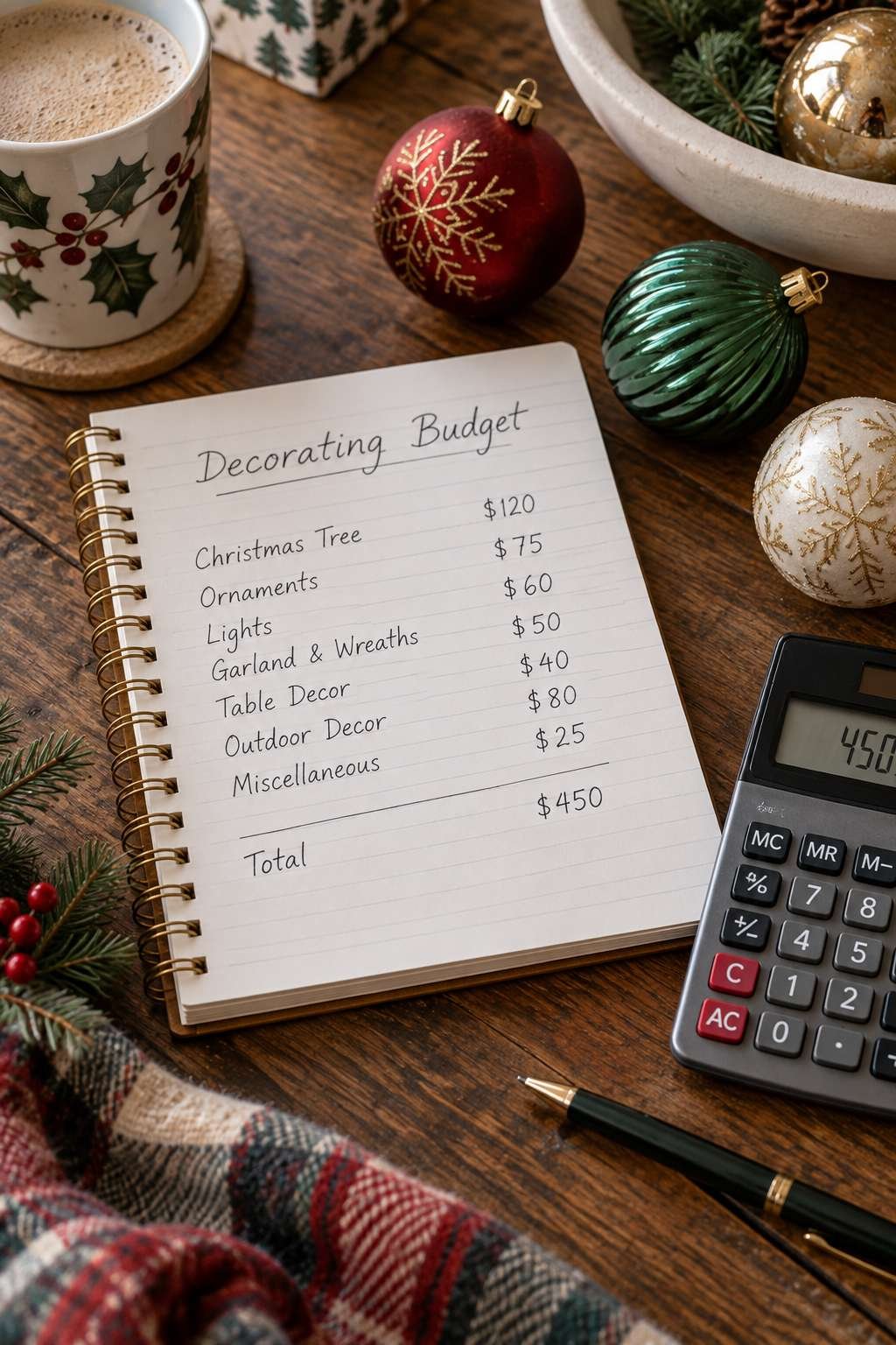 Handwritten budget plan for Christmas house decorating