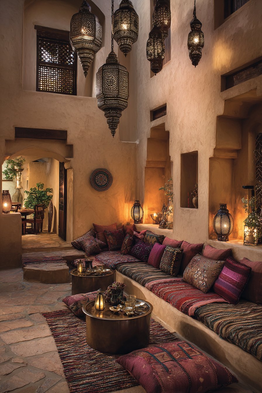 Moroccan living room with metal lanterns, carved wooden screens, ochre plaster walls and terracotta tile floor