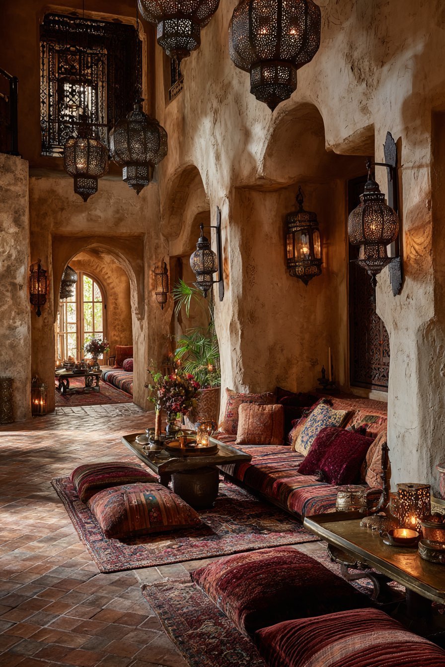 Moroccan living room with metal lanterns, carved wooden screens, ochre plaster walls and terracotta tile floor