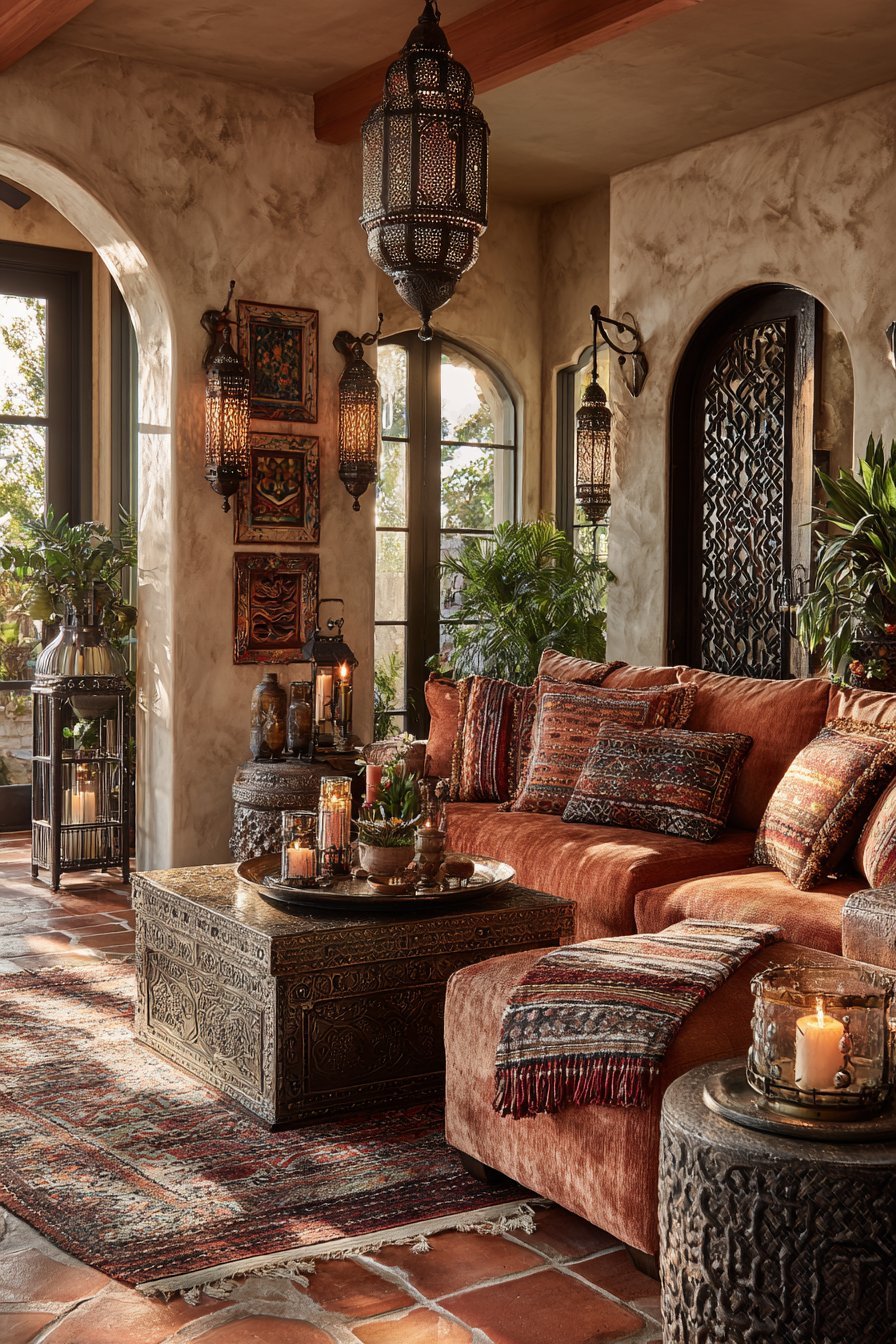 Moroccan living room with metal lanterns, carved wooden screens, ochre plaster walls and terracotta tile floor