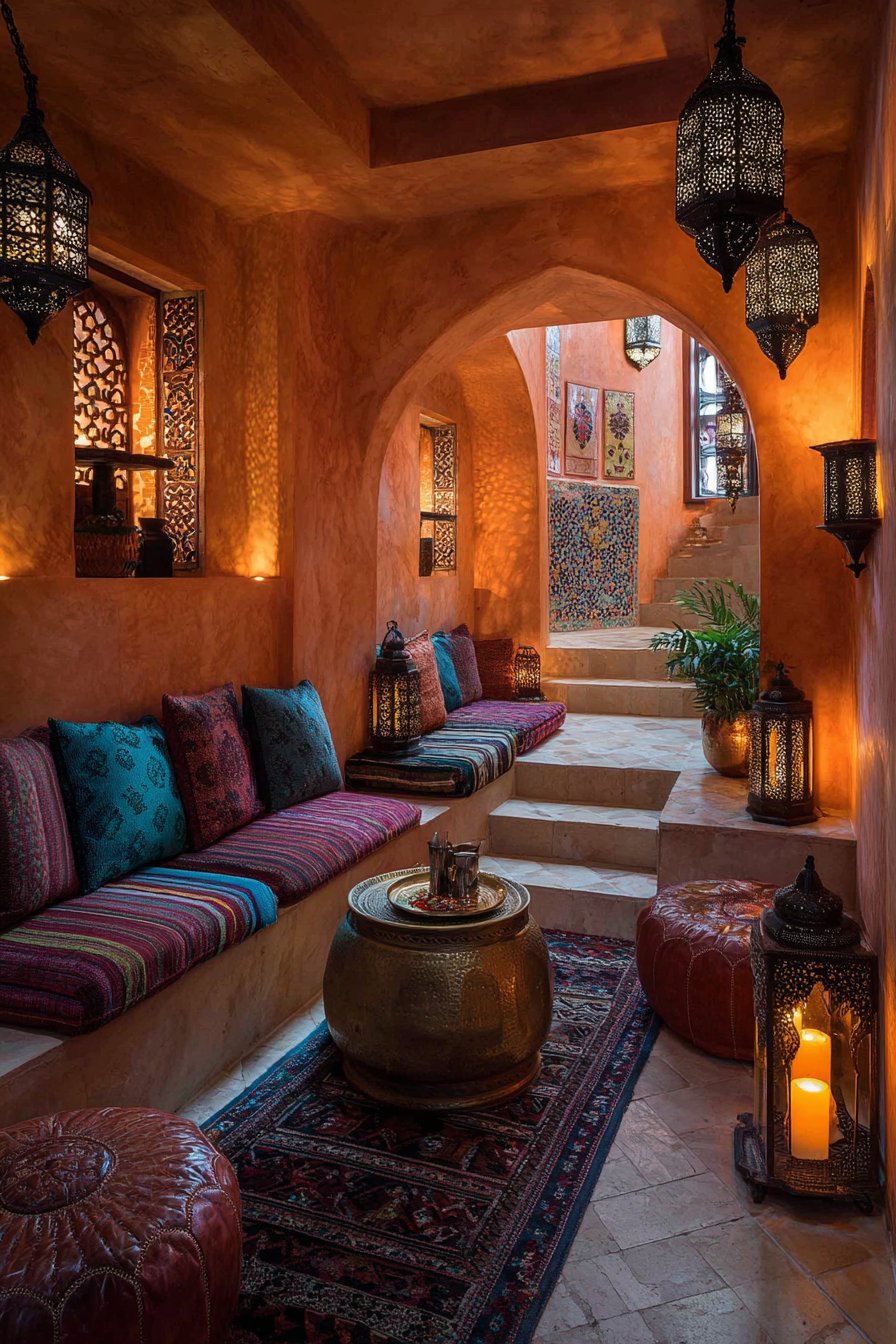 Moroccan living room with metal lanterns, carved wooden screens, ochre plaster walls and terracotta tile floor