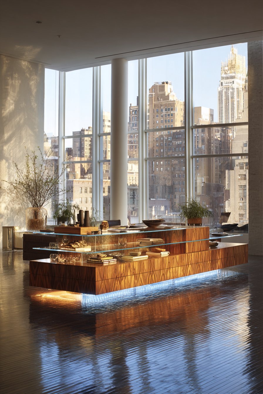 Floating walnut veneer credenza with push-to-open drawers and a central glass shelf with LED lighting