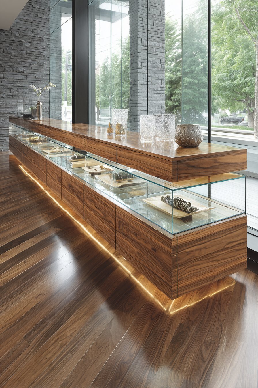 Floating walnut veneer credenza with push-to-open drawers and a central glass shelf with LED lighting