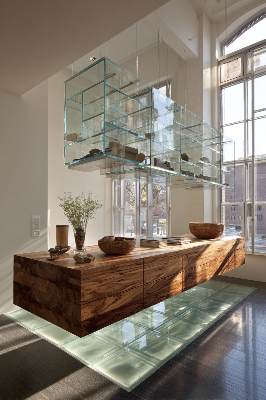 Floating walnut veneer credenza with push-to-open drawers and a central glass shelf with LED lighting