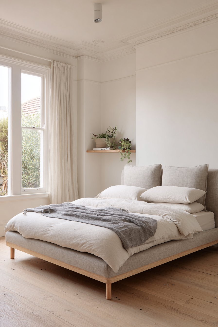 Natural linen upholstered bed with low headboard, beech legs, floating shelf with succulent and sheer curtains