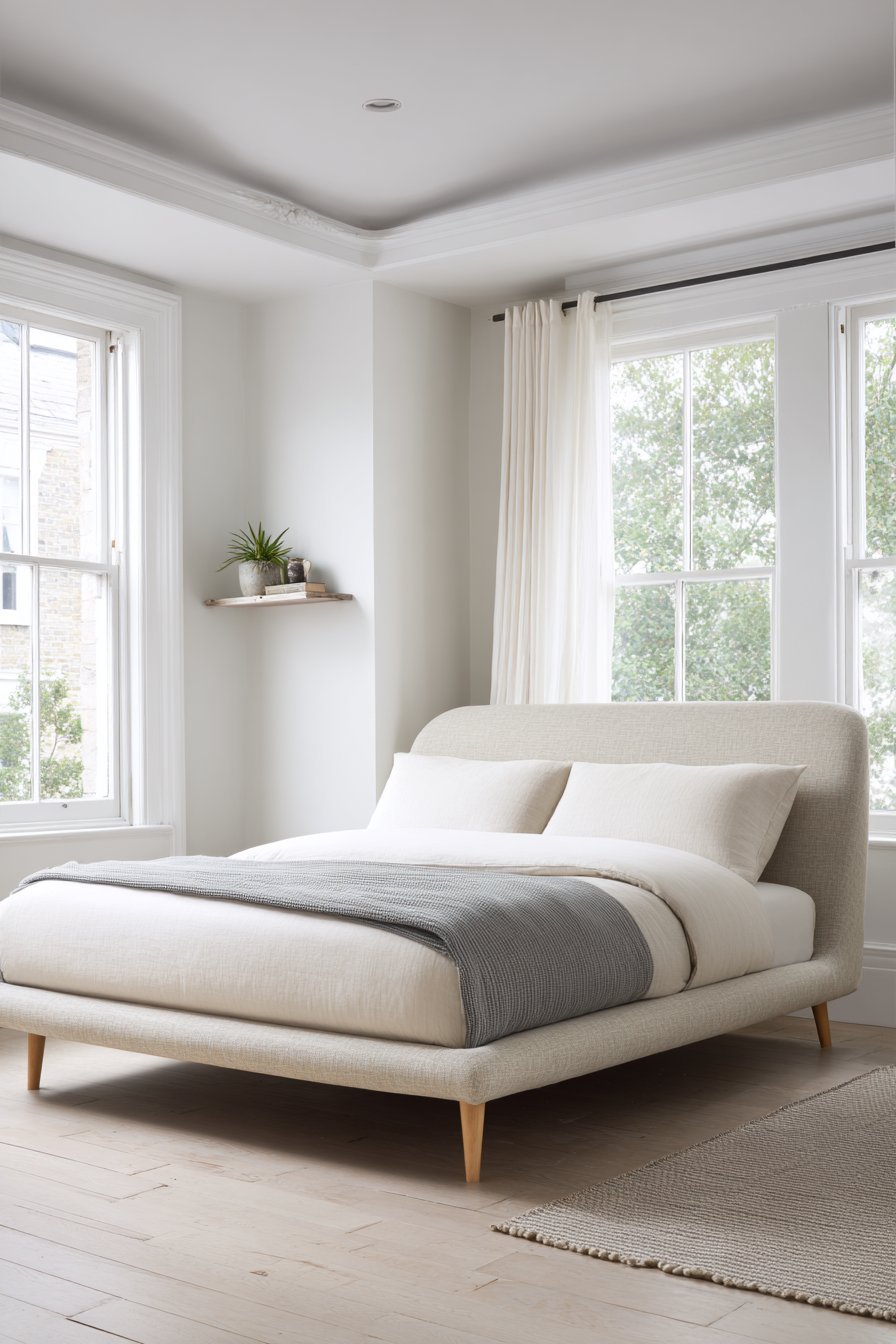 Natural linen upholstered bed with low headboard, beech legs, floating shelf with succulent and sheer curtains