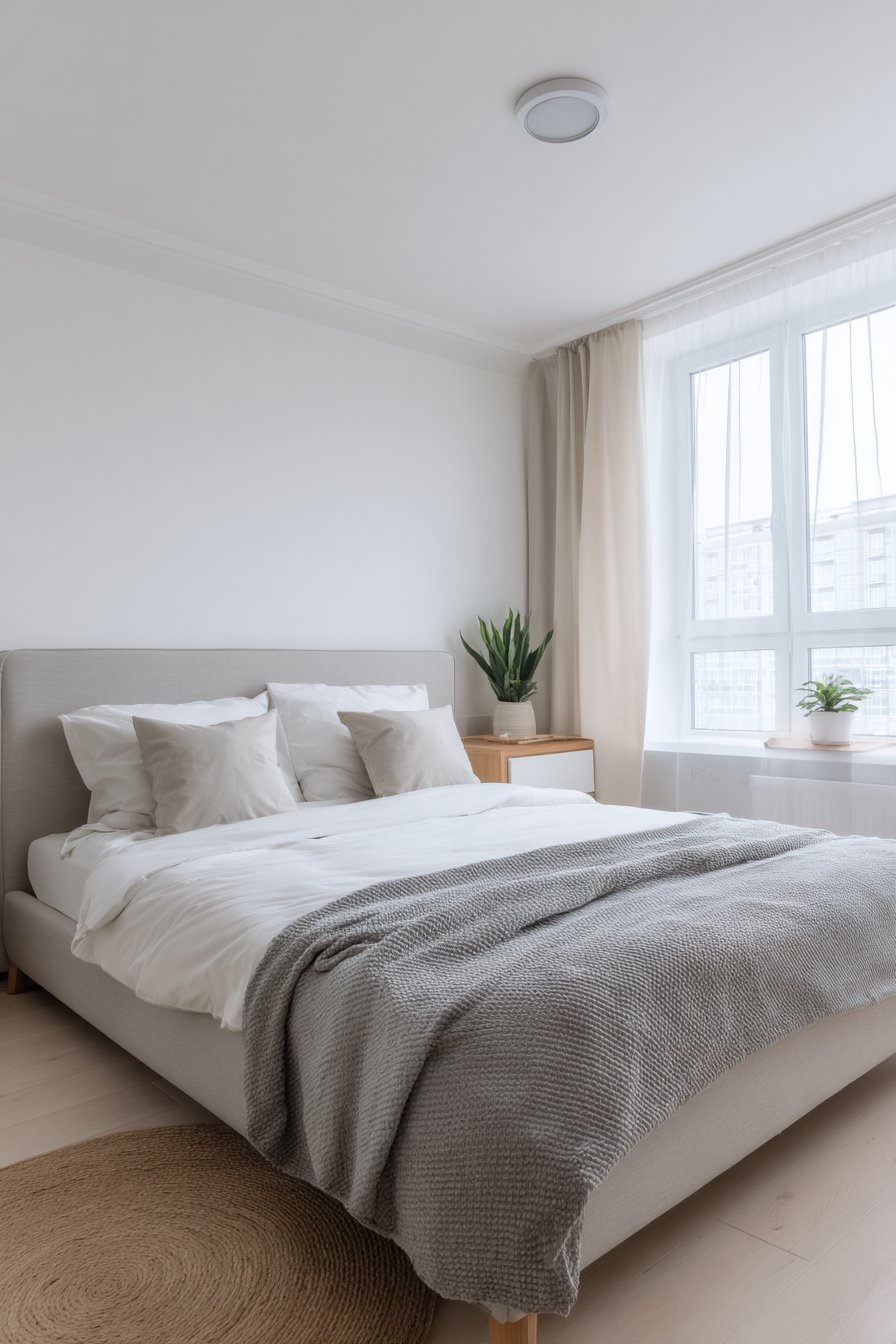 Natural linen upholstered bed with low headboard, beech legs, floating shelf with succulent and sheer curtains