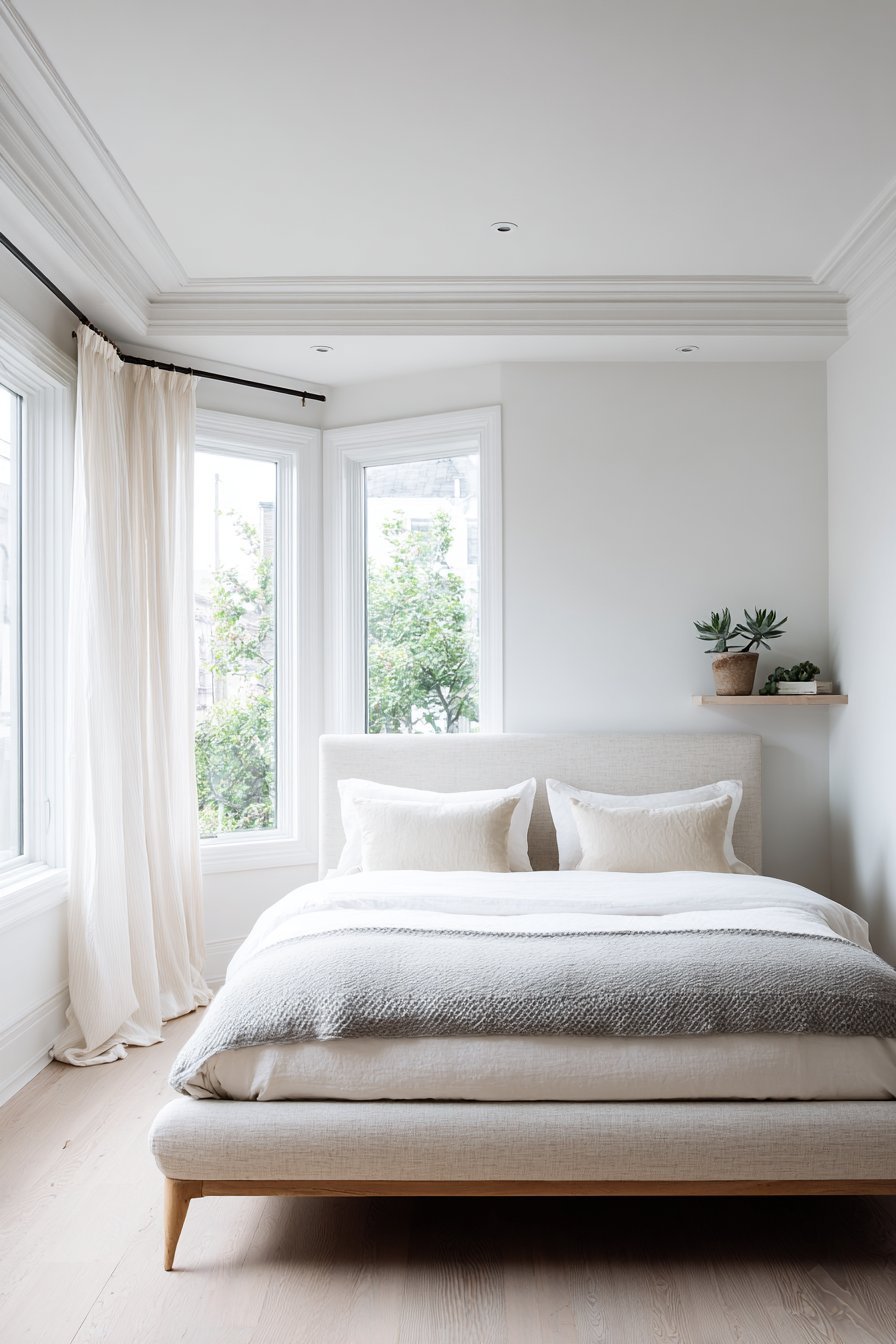Natural linen upholstered bed with low headboard, beech legs, floating shelf with succulent and sheer curtains