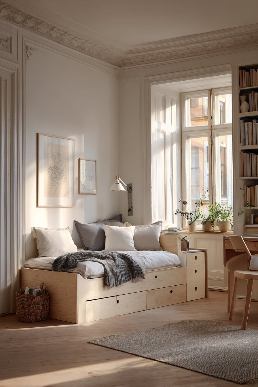 Birch platform daybed with built-in side tables, white linen bedding, wall reading light and writing desk