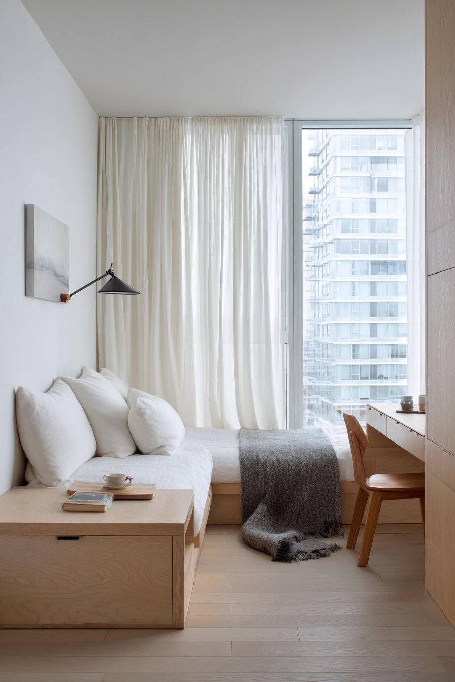 Birch platform daybed with built-in side tables, white linen bedding, wall reading light and writing desk