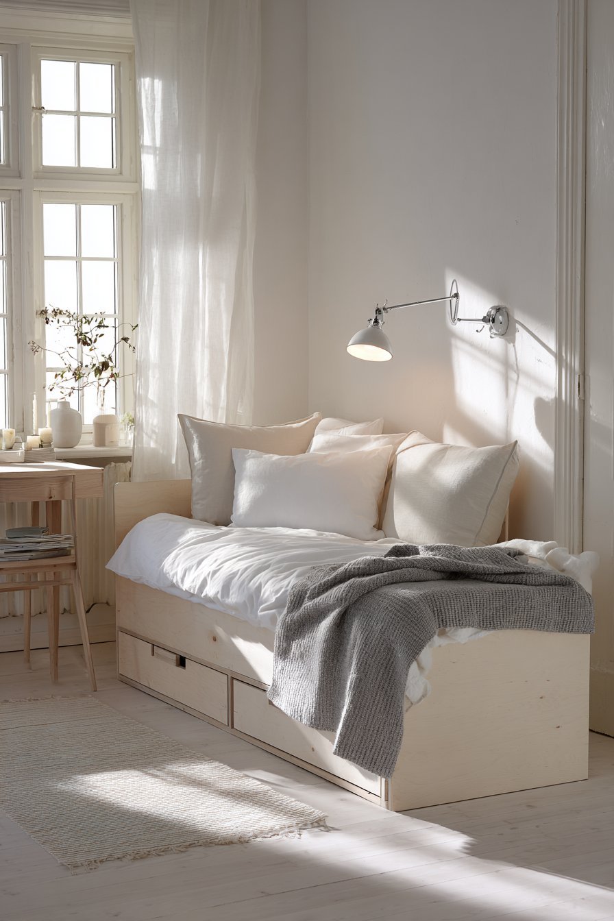 Birch platform daybed with built-in side tables, white linen bedding, wall reading light and writing desk