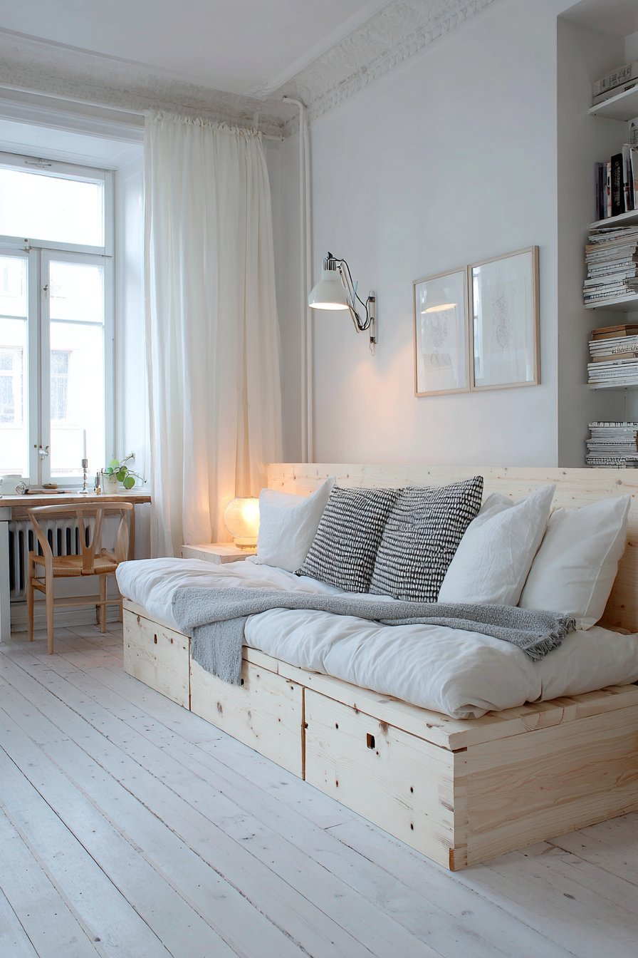 Birch platform daybed with built-in side tables, white linen bedding, wall reading light and writing desk