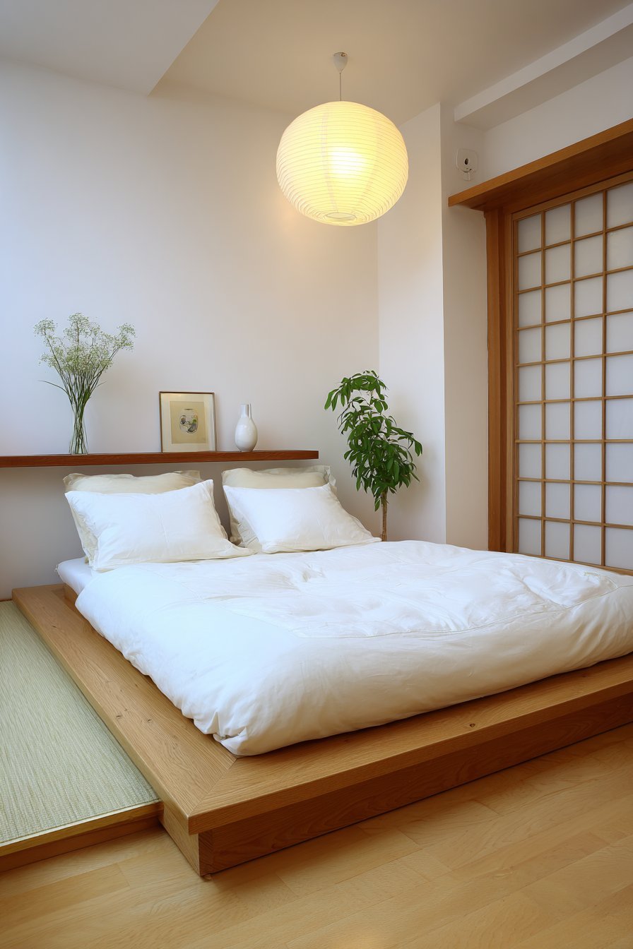 Japanese-inspired small bedroom with ash wood platform bed, tatami-style mats and paper lantern pendant