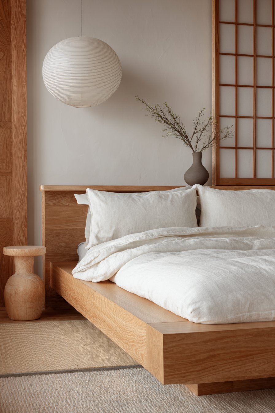 Japanese-inspired small bedroom with ash wood platform bed, tatami-style mats and paper lantern pendant