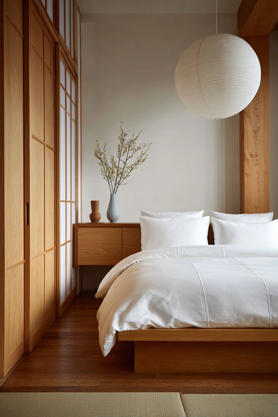 Japanese-inspired small bedroom with ash wood platform bed, tatami-style mats and paper lantern pendant