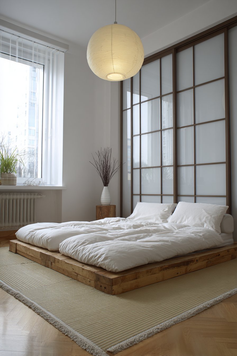Japanese-inspired small bedroom with ash wood platform bed, tatami-style mats and paper lantern pendant