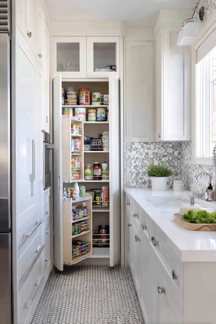 Slim pull-out pantry beside the refrigerator in a light grey kitchen with hexagonal tile backsplash