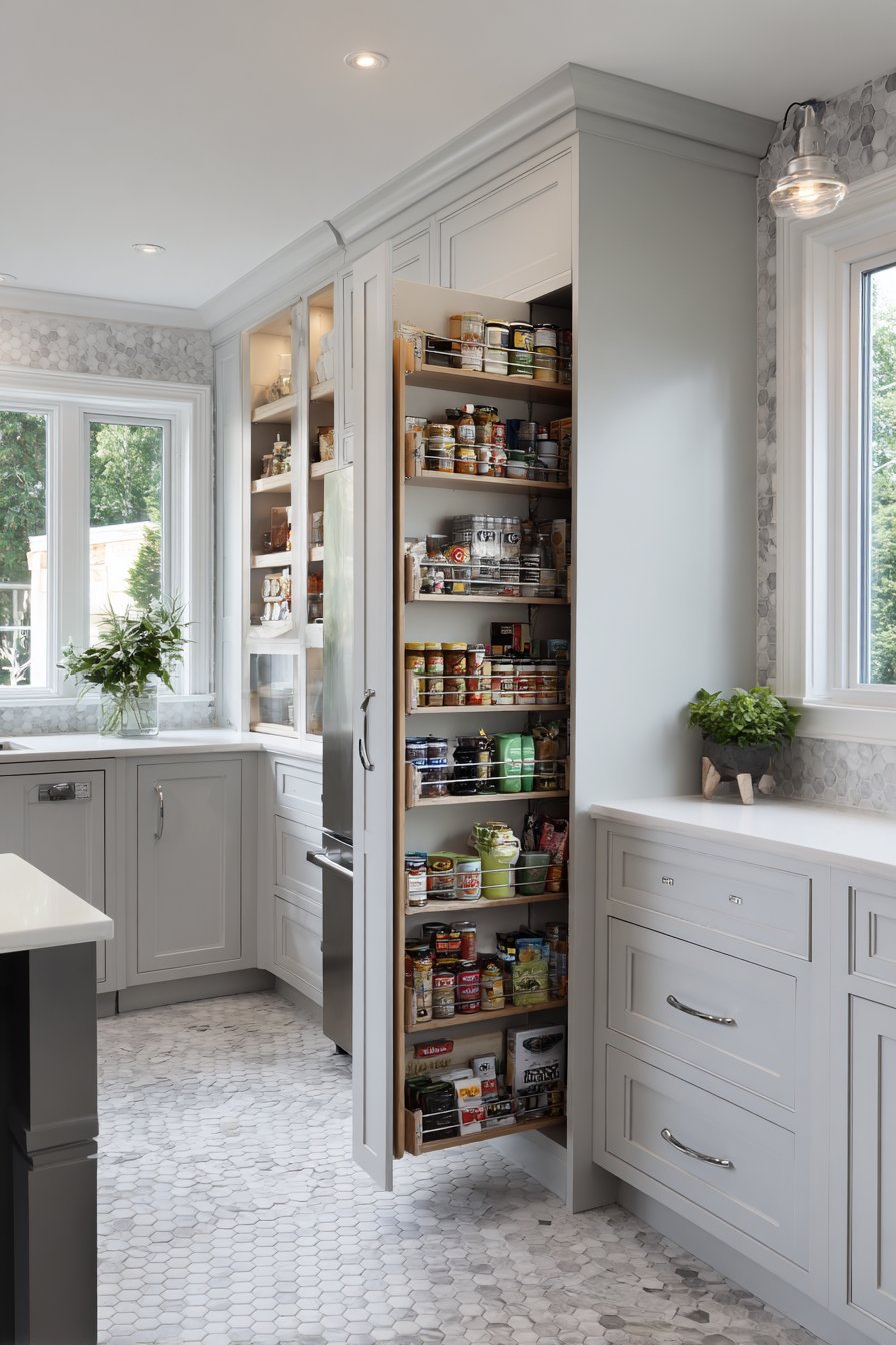 Slim pull-out pantry beside the refrigerator in a light grey kitchen with hexagonal tile backsplash