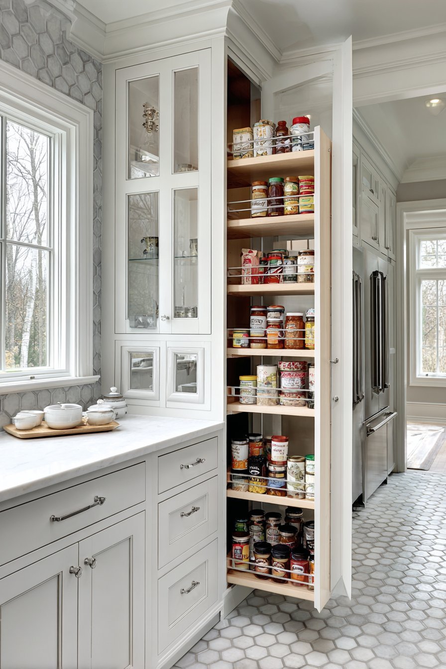 Slim pull-out pantry beside the refrigerator in a light grey kitchen with hexagonal tile backsplash
