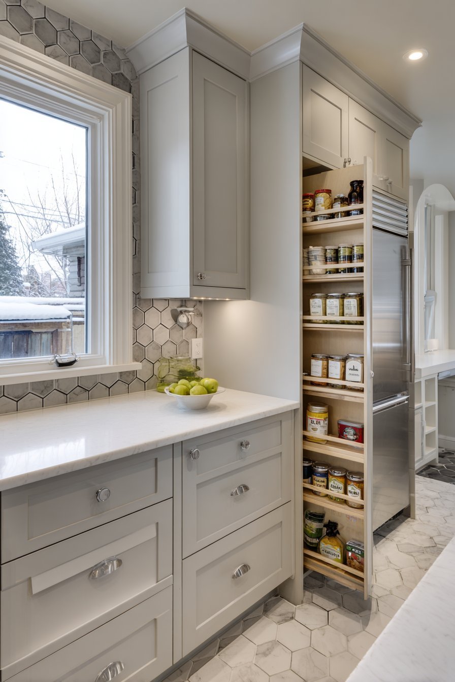 Slim pull-out pantry beside the refrigerator in a light grey kitchen with hexagonal tile backsplash