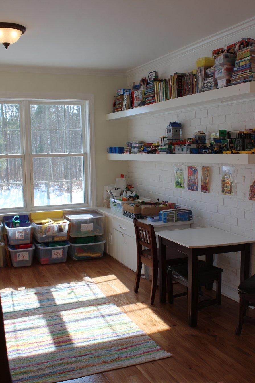 Homeschool wall system with themed Lego display shelves, closed cabinets, fold-down desk and rolling cart
