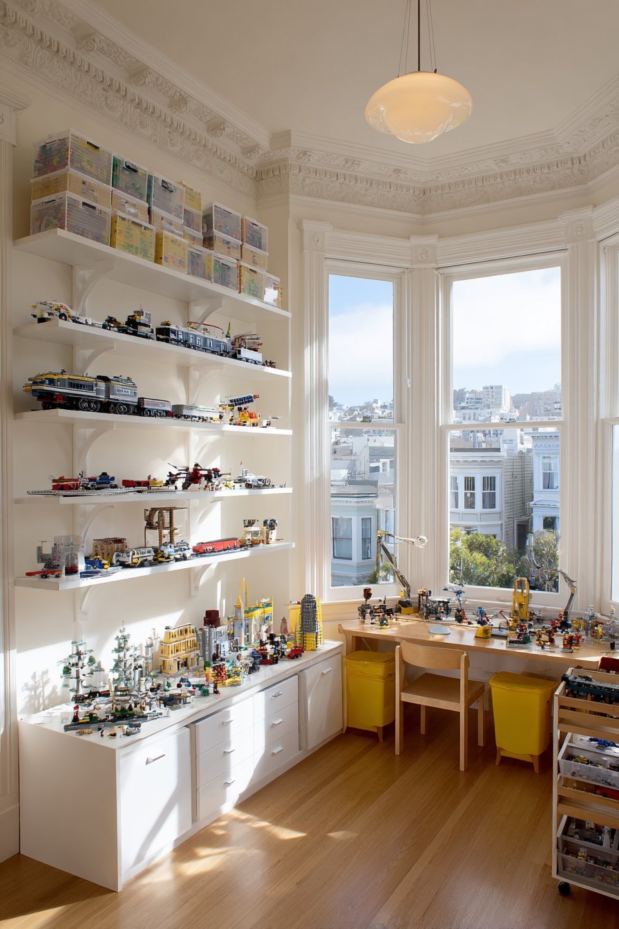 Homeschool wall system with themed Lego display shelves, closed cabinets, fold-down desk and rolling cart